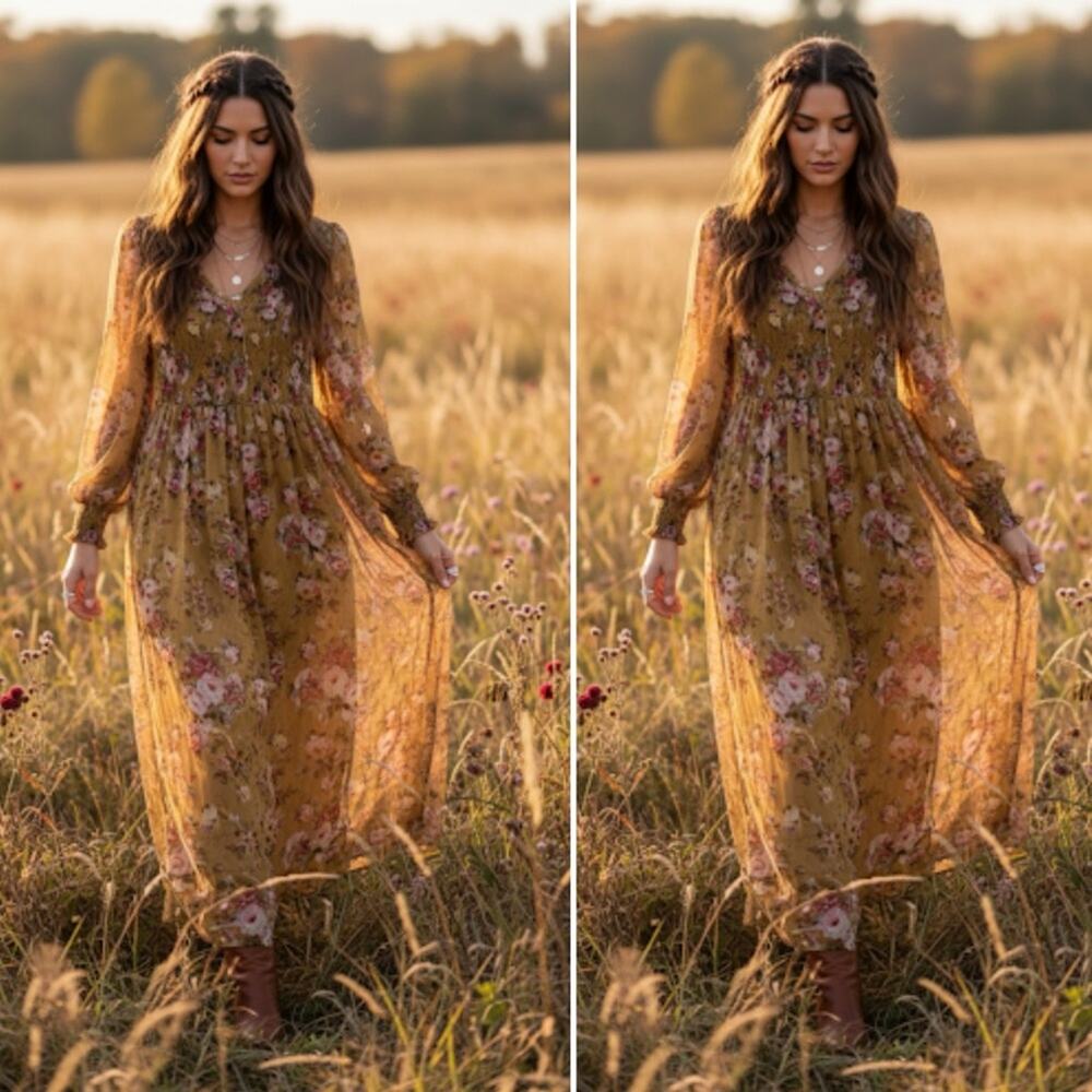 O.P.T. Wick Mustard Floral Long Sleeve Midi Dress